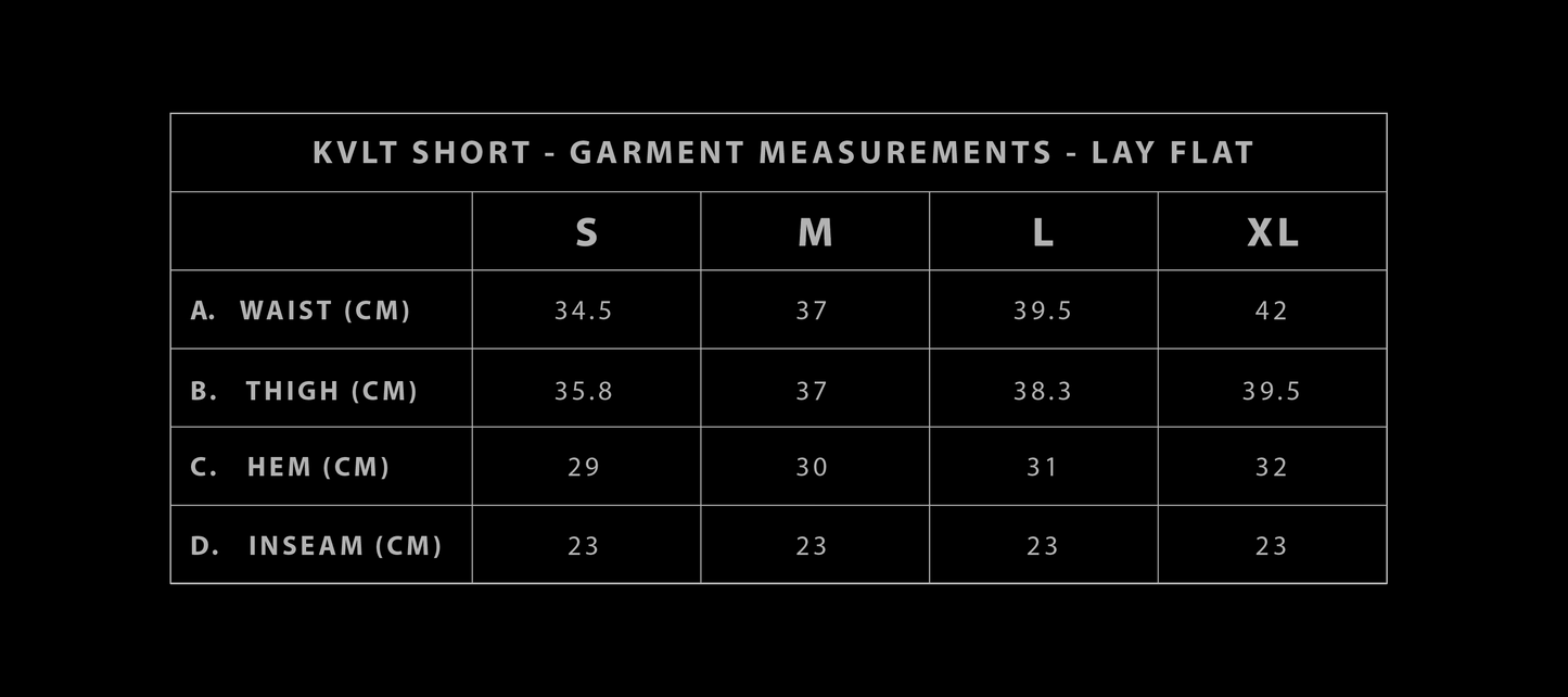Mens KVLT Short garment size chart